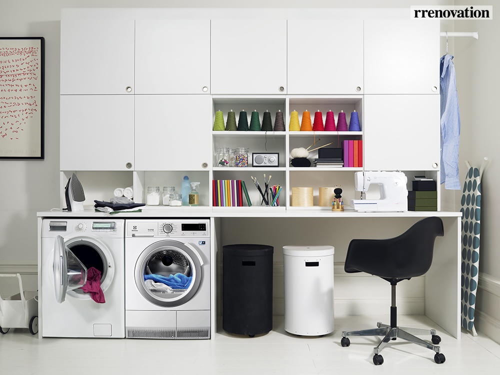Electrolux laundry room, featuring the Icon Time Manager washing machine and Iron Aid steam dryer.